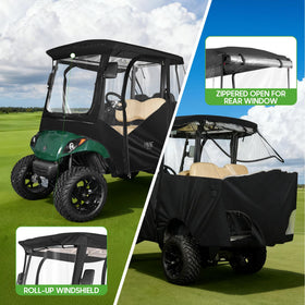 10L0L golf cart enclosure side view with doors open for easy passenger access