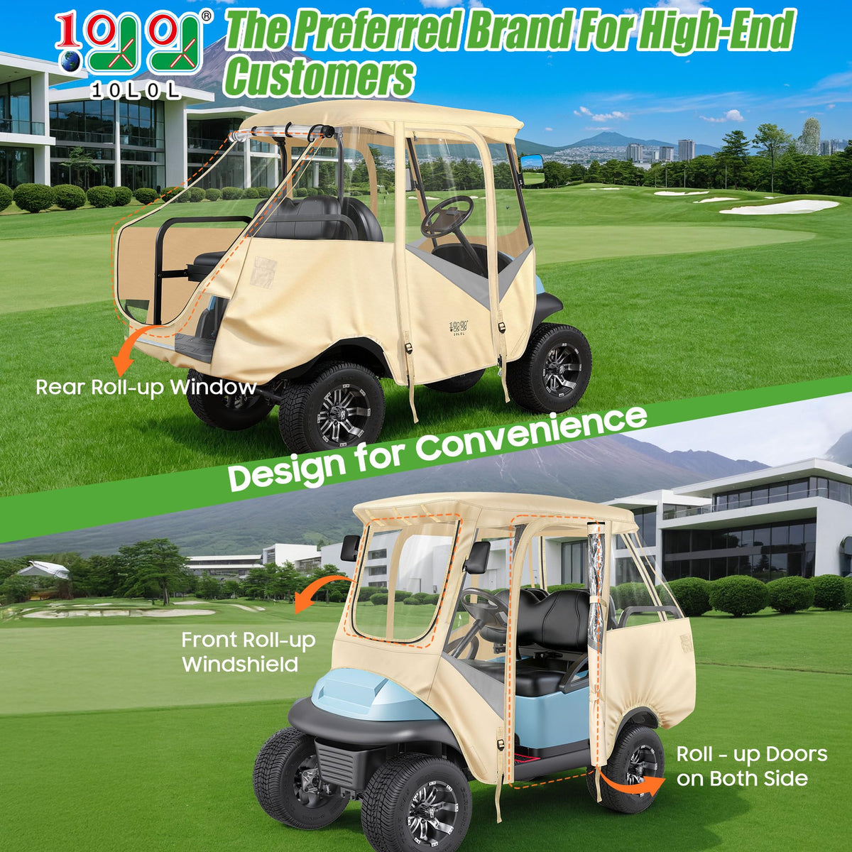 10L0L golf cart enclosure side view shows easy entry with roll-up doors