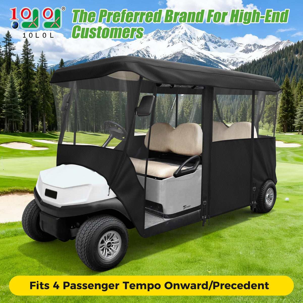 10L0L golf cart enclosure side view highlighting four-sided clear windows.