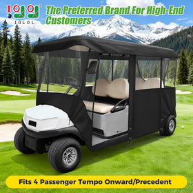 10L0L golf cart enclosure side view highlighting four-sided clear windows.