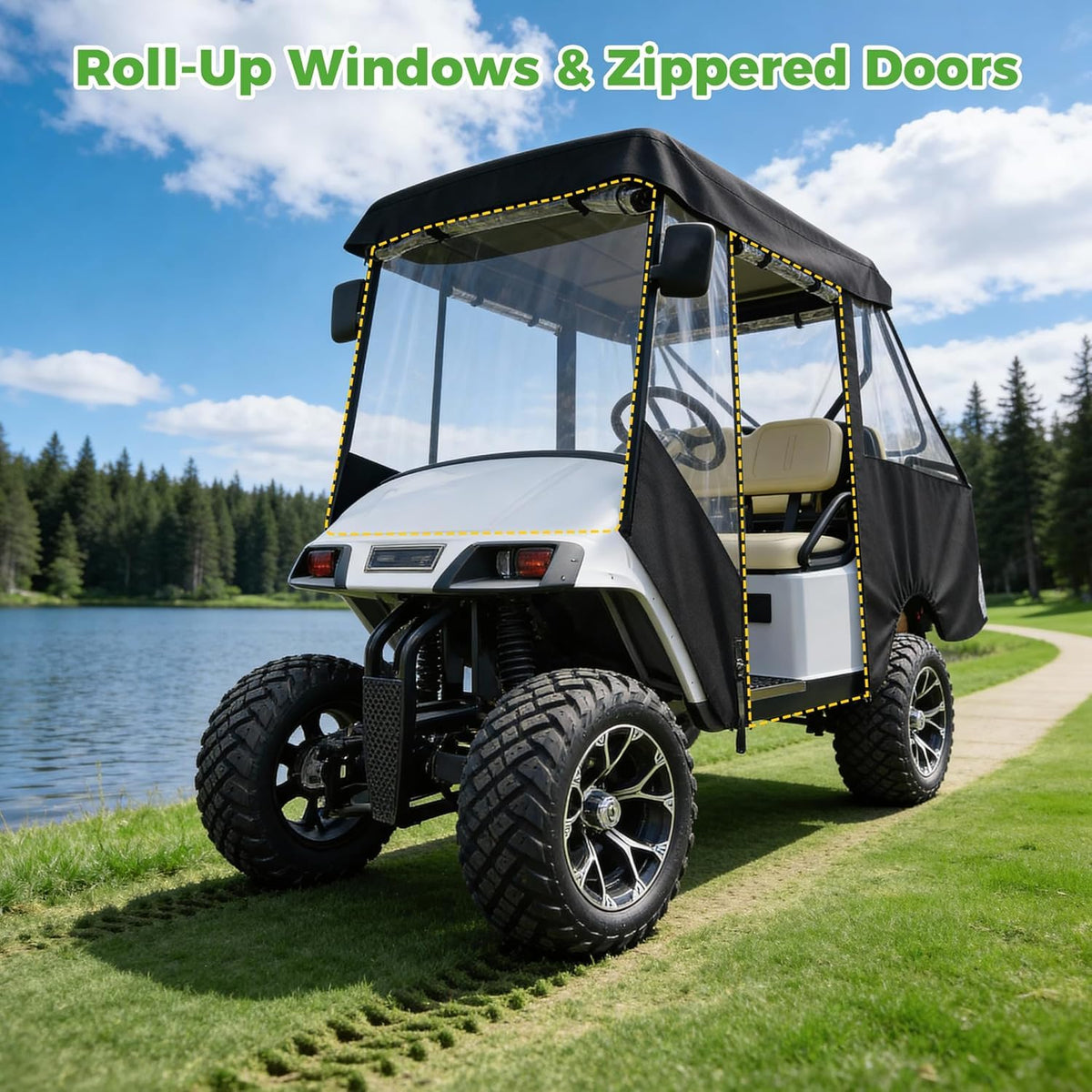 10L0L 600D fabric enclosure protects EZGO TXT from rain and snow.