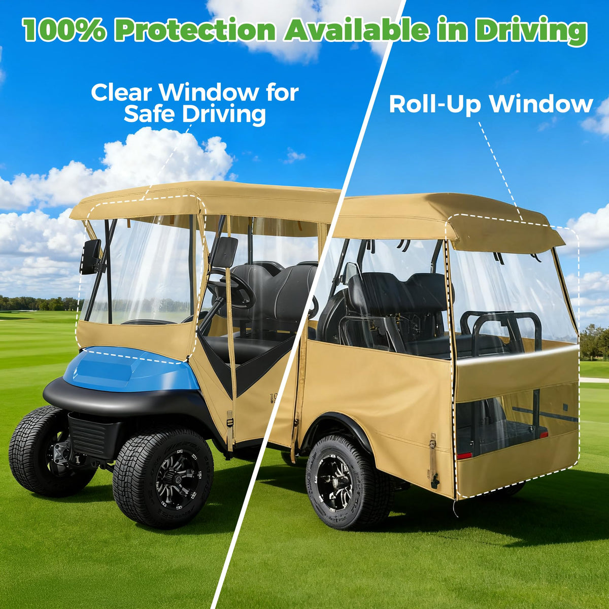10L0L Golf Cart Enclosure waterproof fabric blocks rain and UV damage.