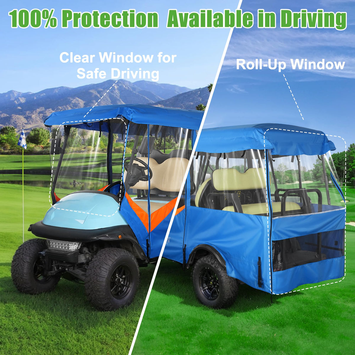 10L0L Golf Cart Enclosure wind-stability straps show secure hold in windy conditions.