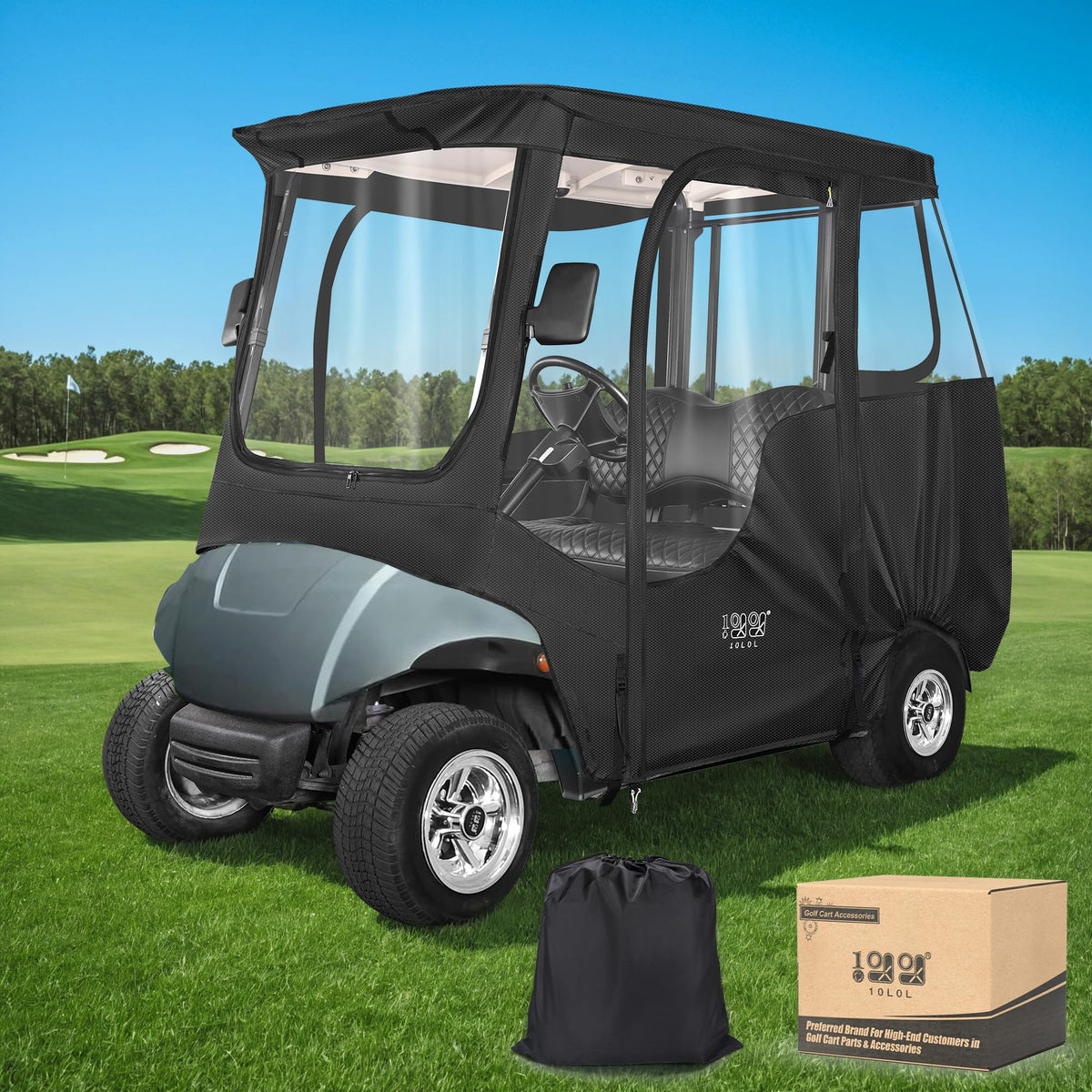 10L0L golf cart enclosure with Yamaha G14 windshield protects riders from rain.