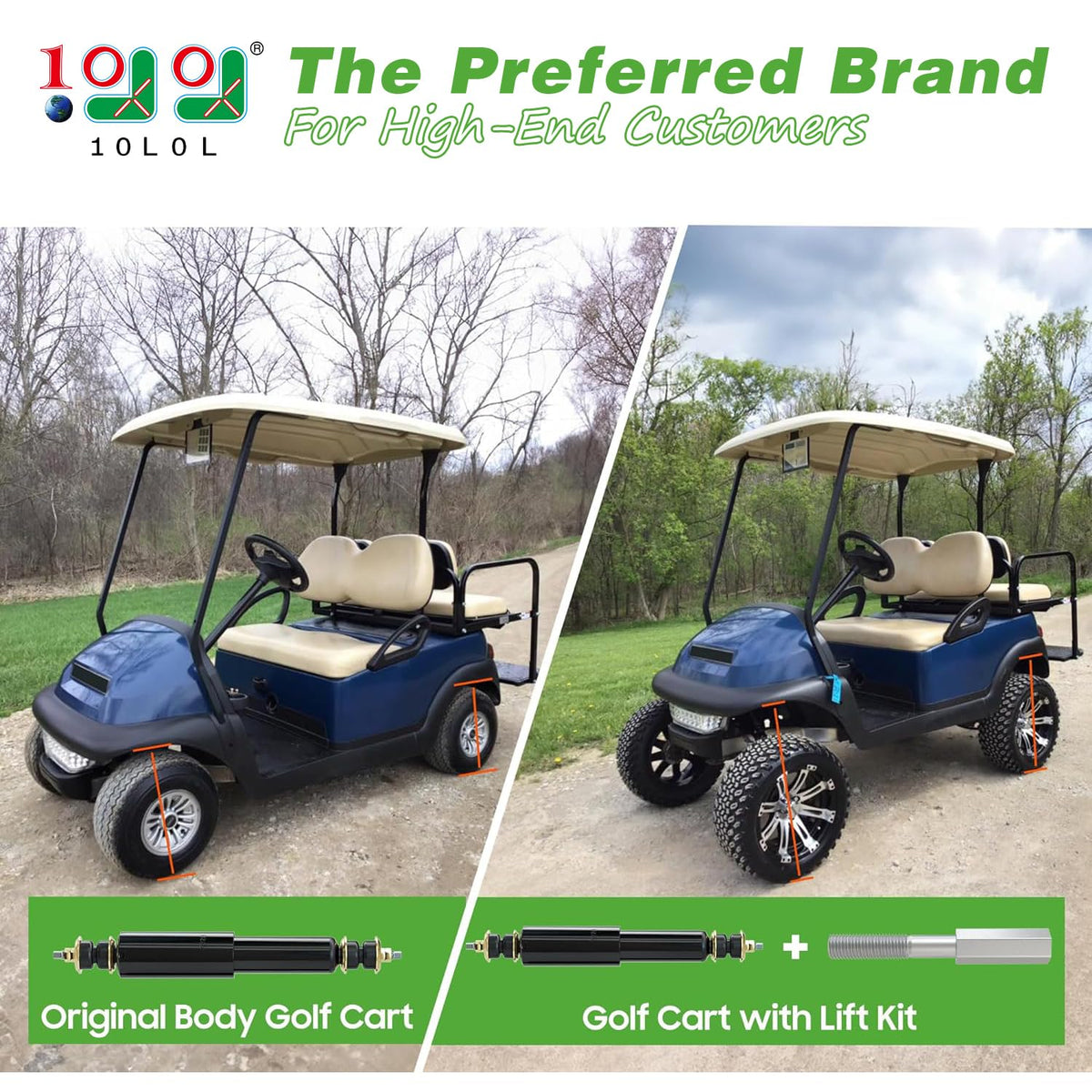 10L0L golf cart extension rod rear view, compatible with Club Car shocks after lift