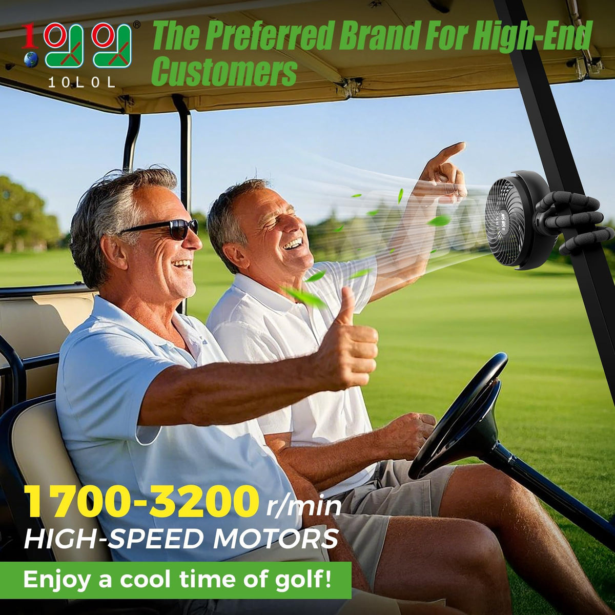 10L0L Golf Cart Fan 360-degree head directs airflow exactly where you need cooling.