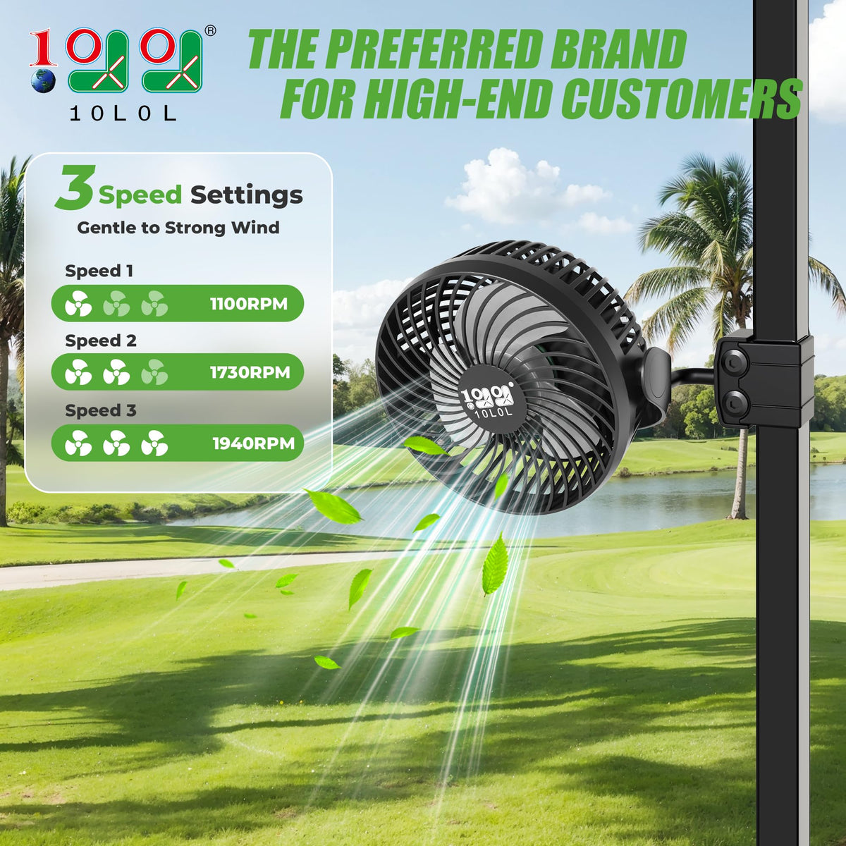 10L0L Golf Cart Fan 360° rotation for precise airflow on the cart