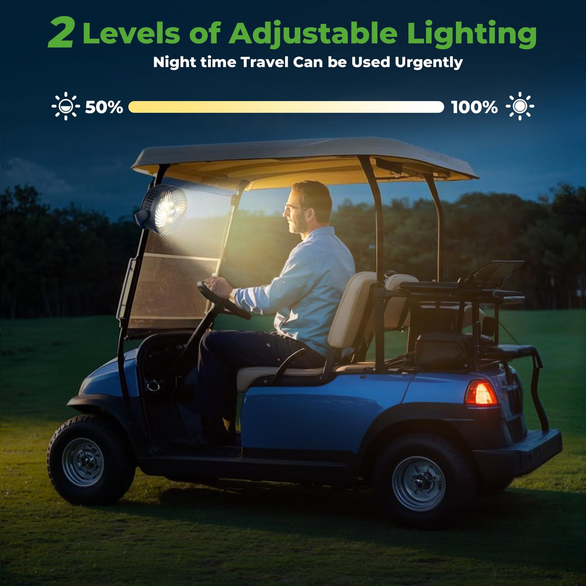 10L0L Golf Cart Fan with 8000mAh battery powering long rounds