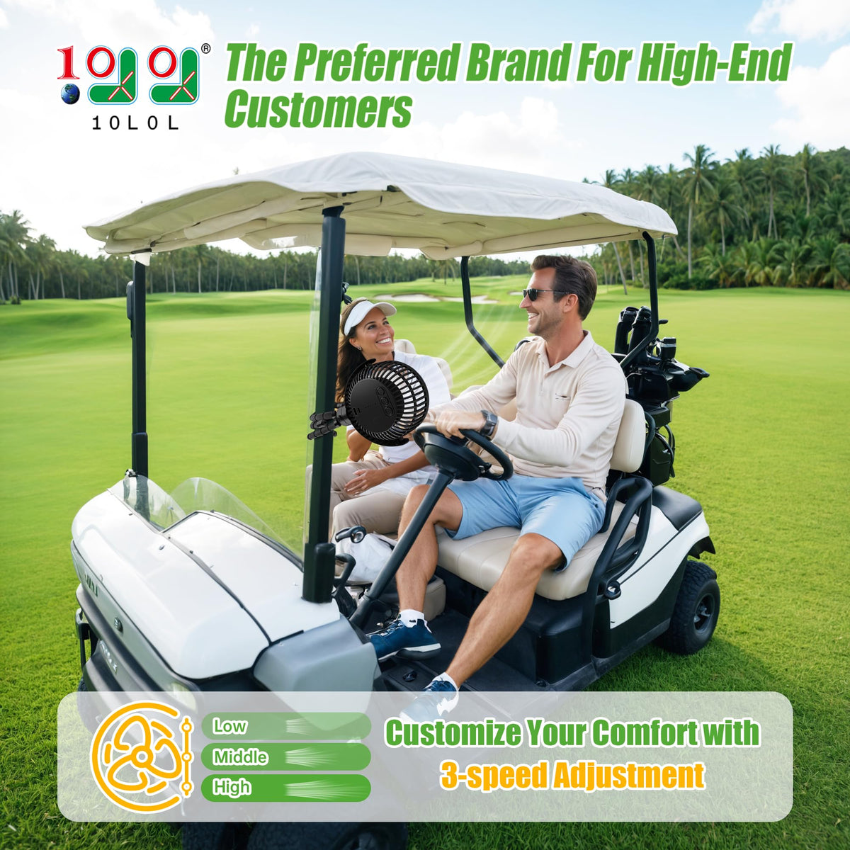 10L0L Golf Cart Fan 8000mAh battery for long runtime on sunny days.