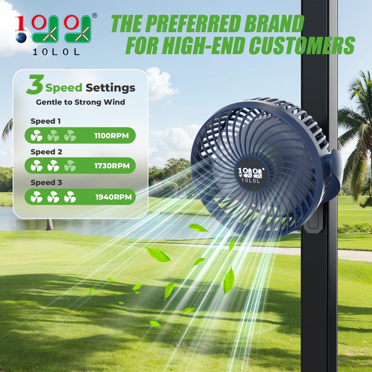 10L0L ABS-based durable base keeps the fan steady on rough turf.