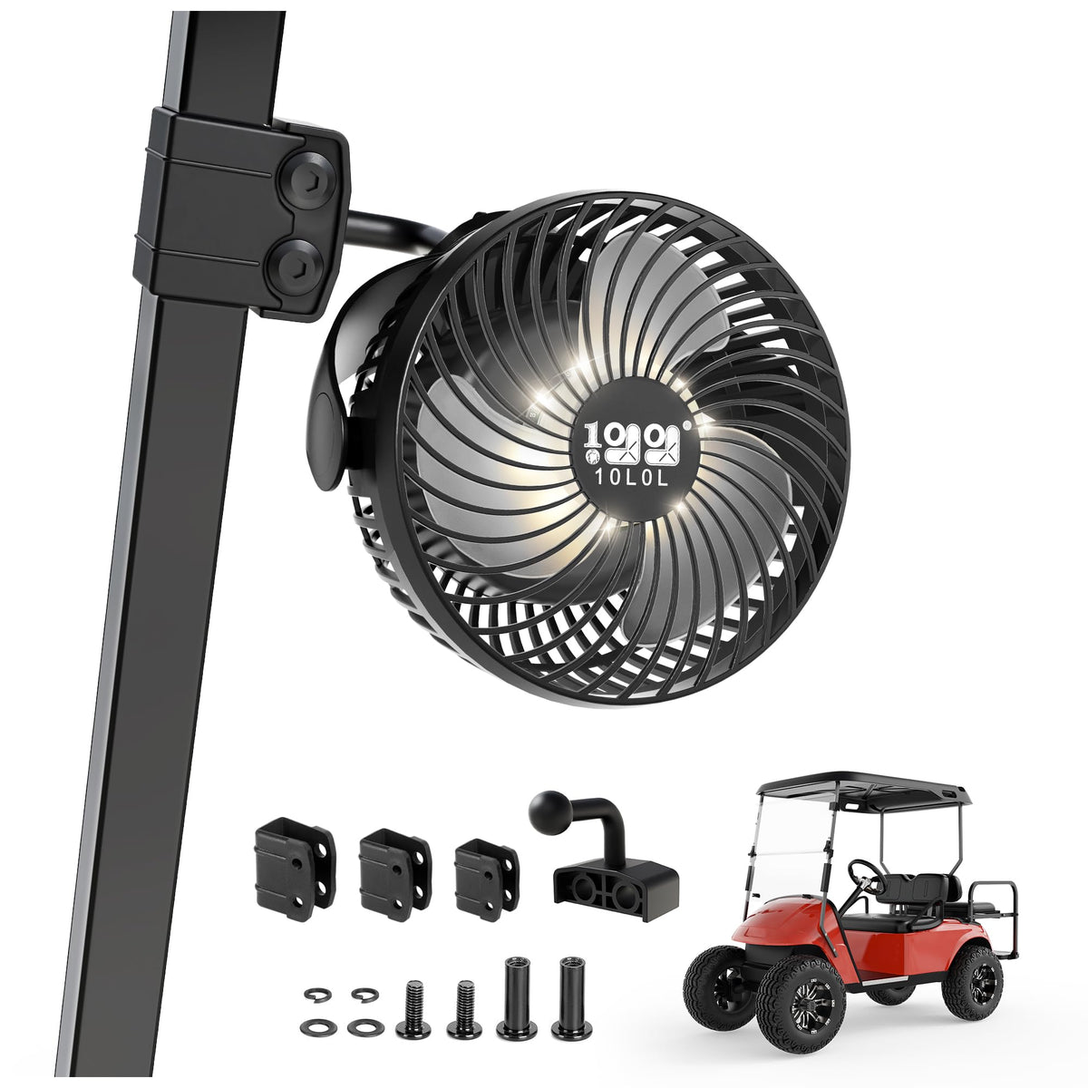 10L0L Golf Cart Fan mounted on universal base for quick, tool-free setup