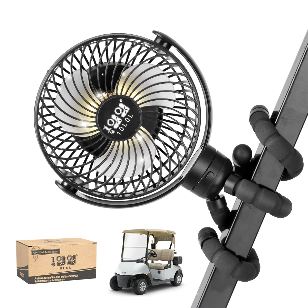 10L0L Golf Cart Fan clamp attachment securely grips EZGO, Club Car, Yamaha carts for steady cooling.