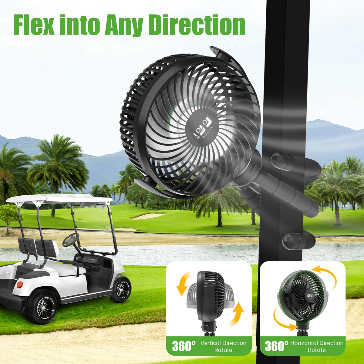 10L0L Golf Cart Fan reverse charging powers devices on the go.