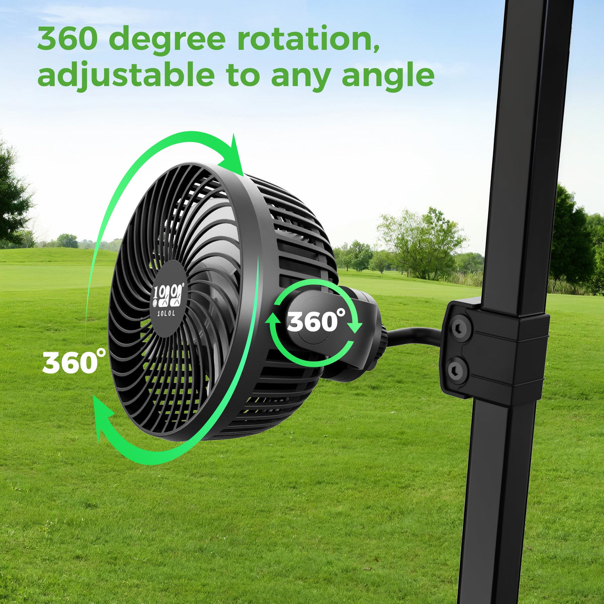 10L0L Golf Cart Fan with warm white LED light for dawn or dusk play.
