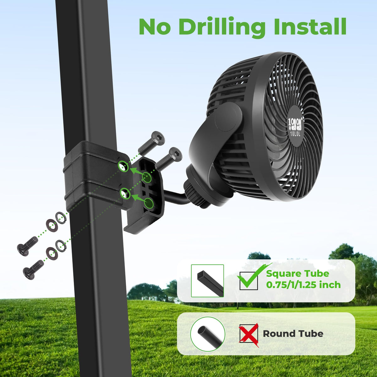 10L0L Golf Cart Fan dual warm-white LEDs illuminate at dusk
