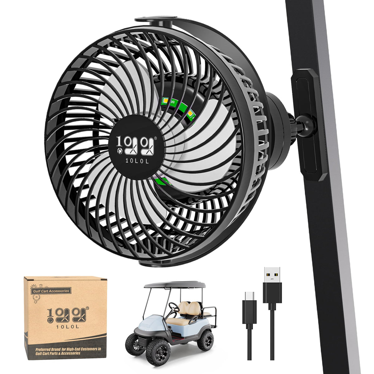 10L0L Golf Cart Fan with magnetic mount attaches securely for quick cooling on the course.