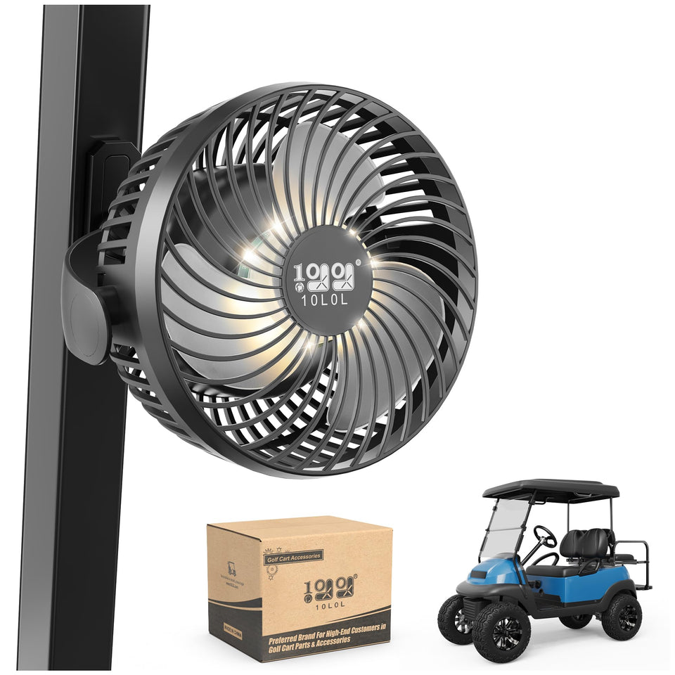 10L0L golf cart fan with magnetic mount fits EZGO, Yamaha, Club Car on hot days.