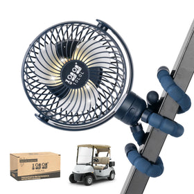 10L0L golf cart fan mounted clip showing secure attachment on a cart
