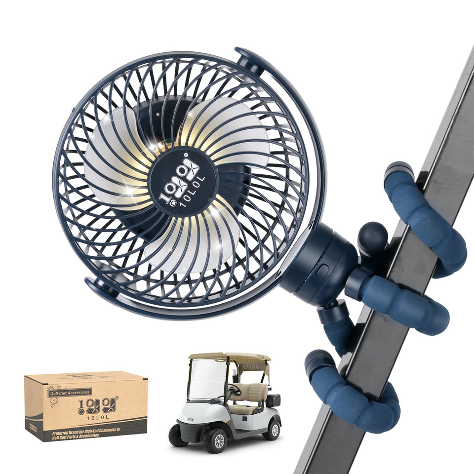 10L0L golf cart fan mounted clip showing secure attachment on a cart