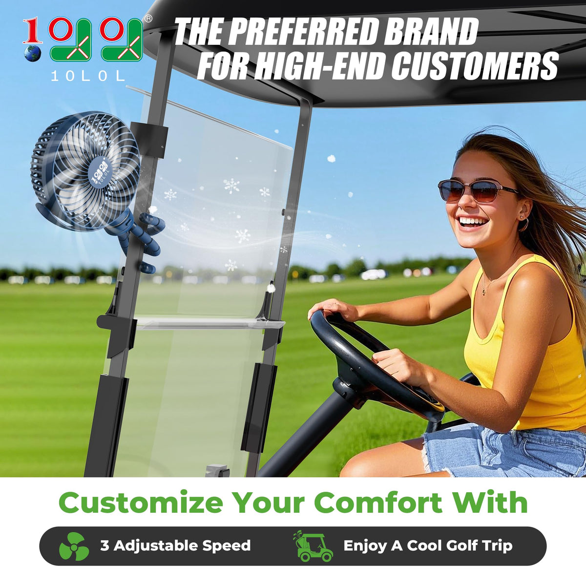 10L0L golf cart fan three-speed settings provide tailored comfort on the course