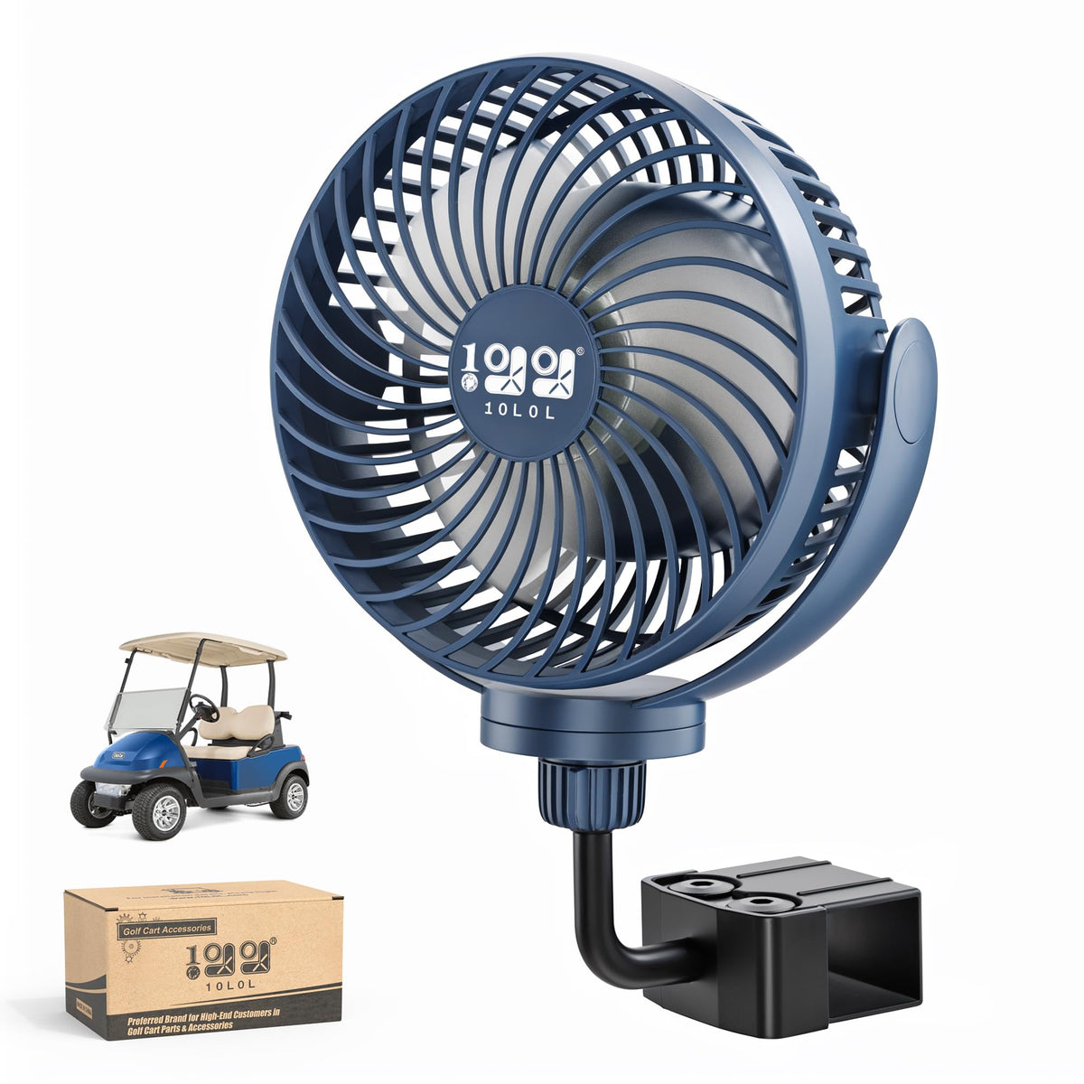 10L0L Golf Cart Fan with universal mount for secure, hands-free cooling.