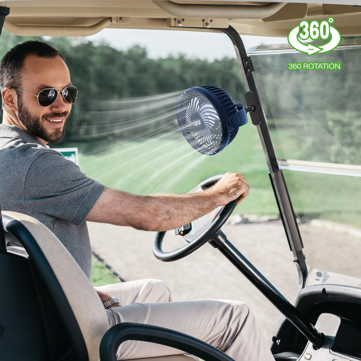 10L0L golf cart fan USB rechargeable for cordless cooling on the go.