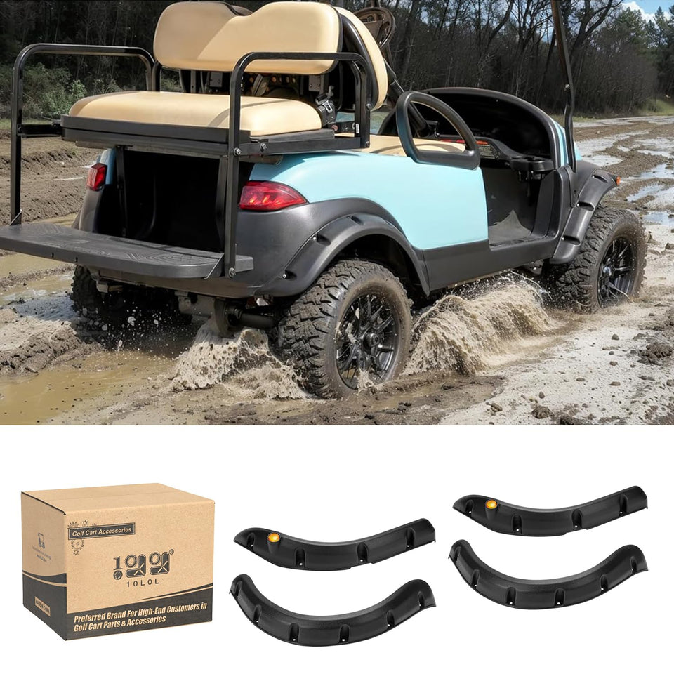10L0L front-left fender flare on Club Car Precedent improves splash protection.