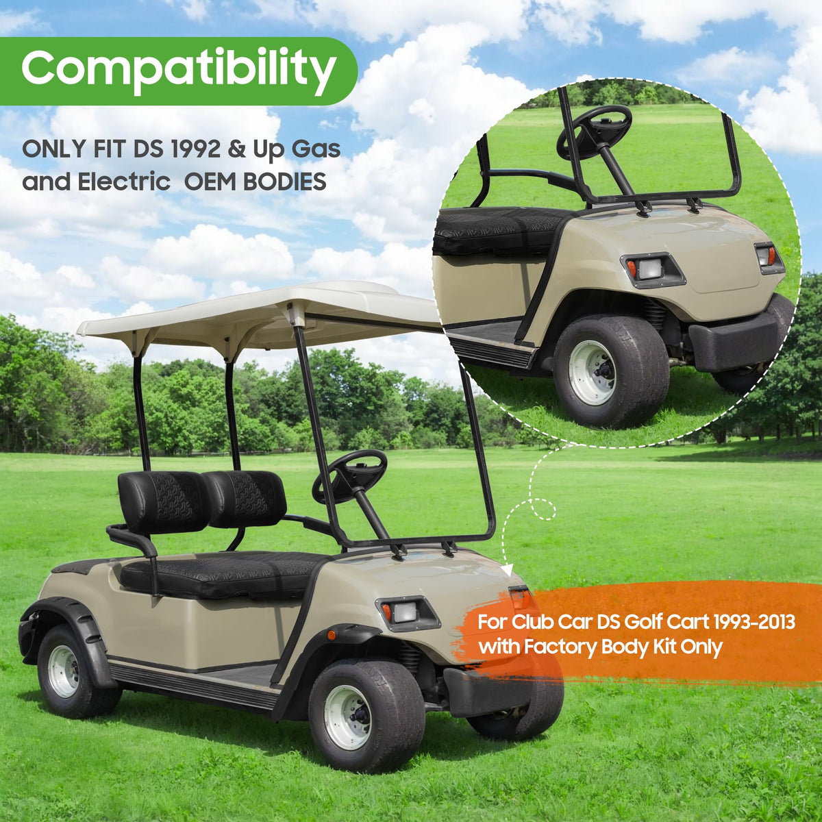 10L0L golf cart fender flare side view Yamaha G19 with edge-to-edge coverage