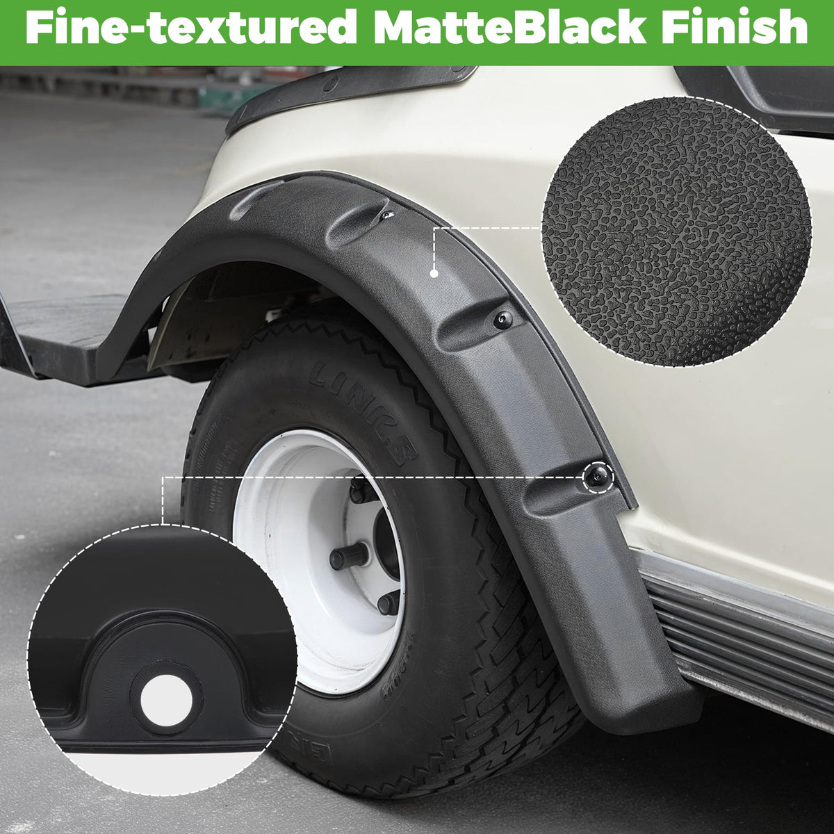 10L0L textured-black fender flares enhance cart aesthetics