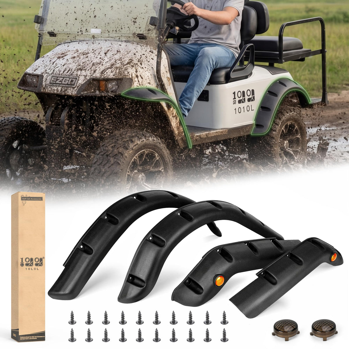10L0L Golf Cart Fender Flares front view protects EZGO TXT