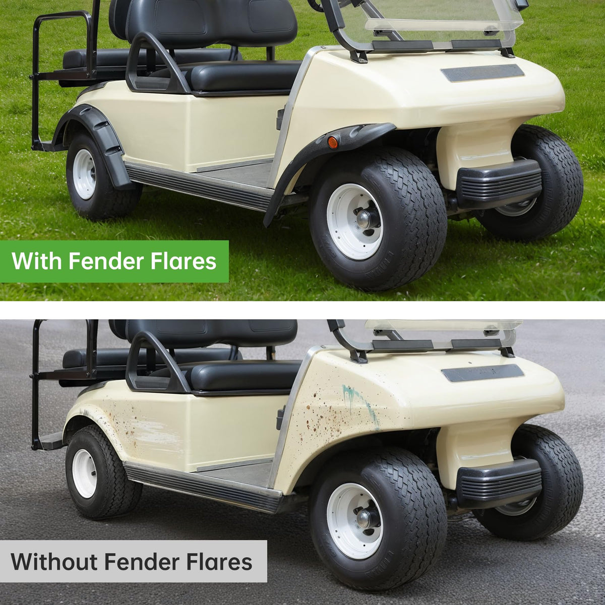 10L0L golf cart fender flares rear left shields from mud and debris during rides.