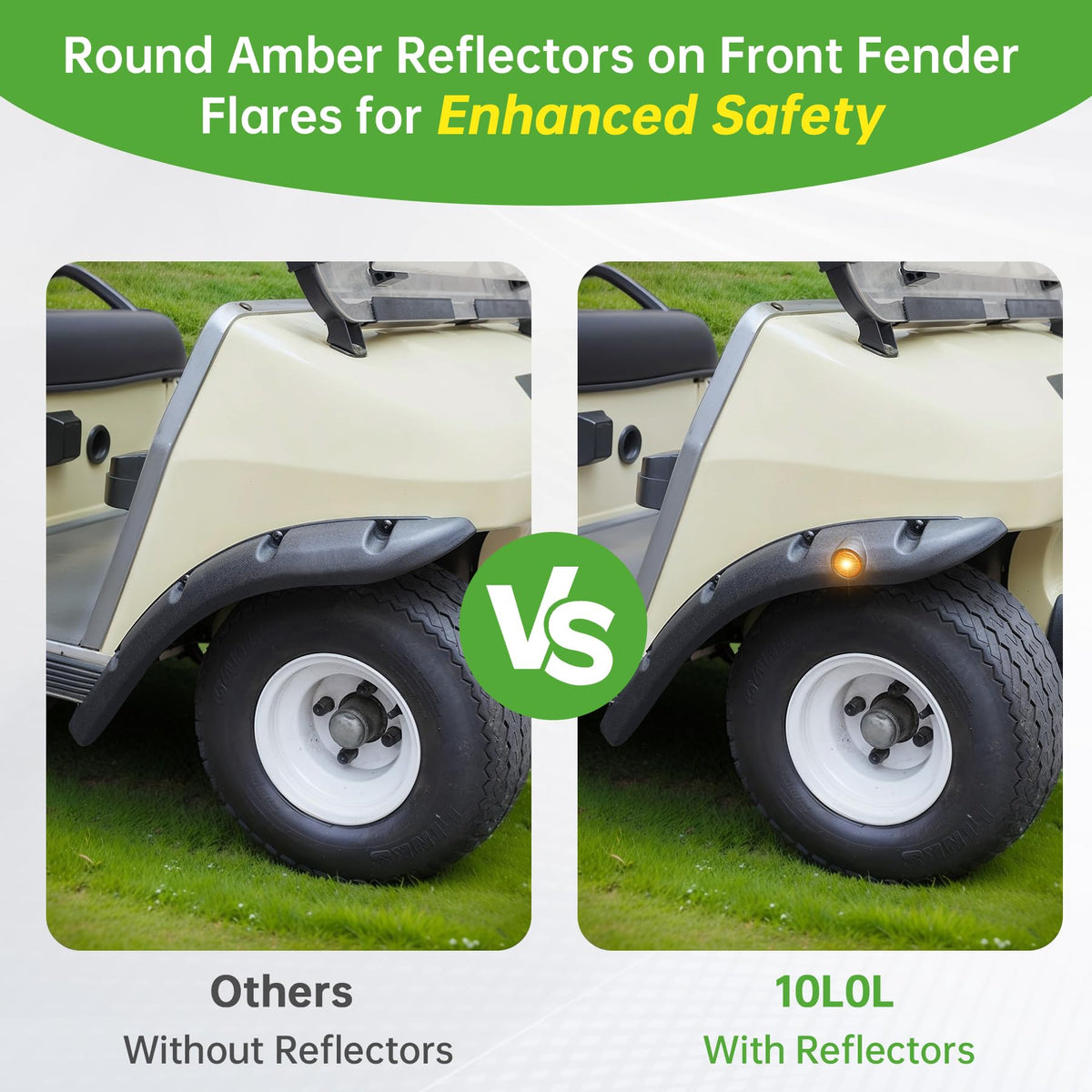 10L0L golf cart fender flares rear right guards paint from rocks on rough trails.