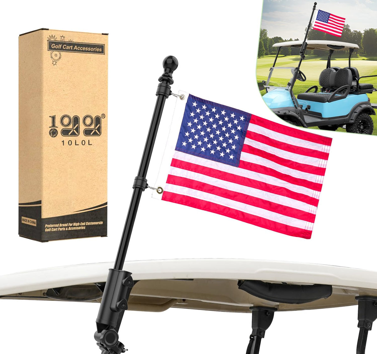 10L0L golf cart flagpole kit bracket mount demonstrating secure universal fit
