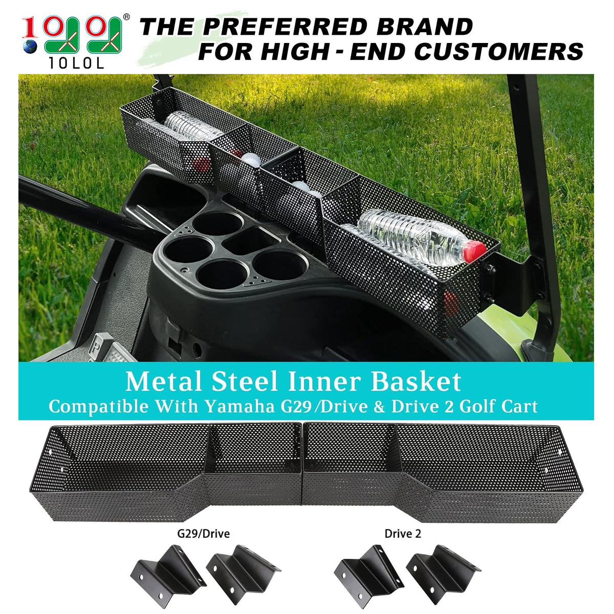 10L0L golf cart front basket for Yamaha Drive 2 adds organized space on the dash.