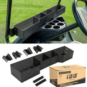 10L0L golf cart front basket for Yamaha G29 Drive shows sturdy mesh design for quick storage.