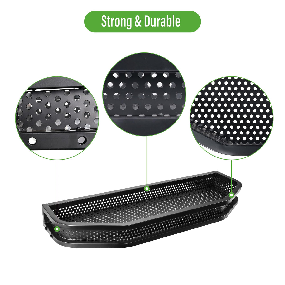 Black powder-coated finish boosts long-term durability and look.