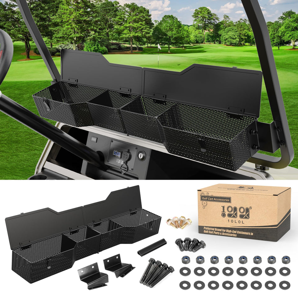 10L0L golf cart front storage basket with cover keeps essentials secure.