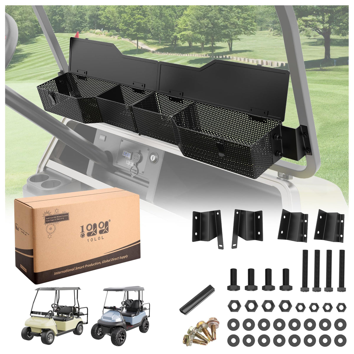 10L0L golf cart front inner storage basket mounted on Club Car DS for organized essentials