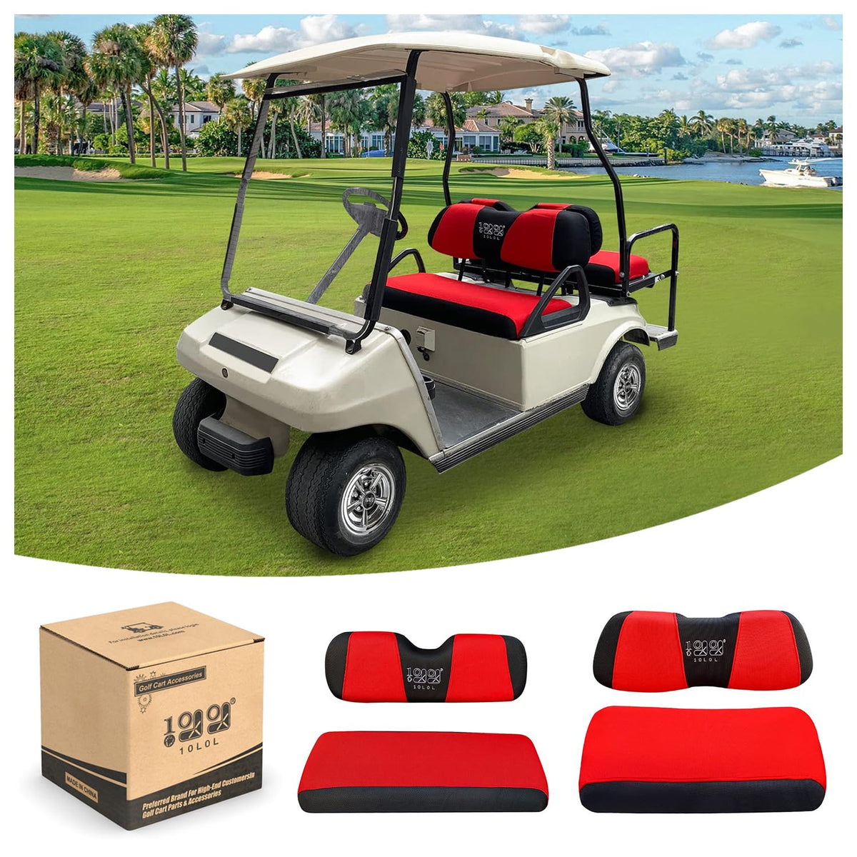 10L0L golf cart front seat cover on EZGO TXT showing snug fit