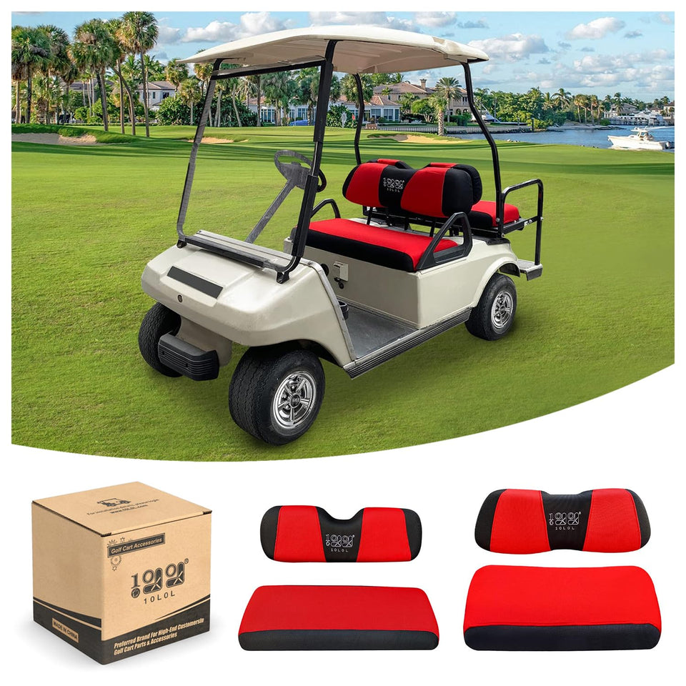 10L0L golf cart front seat cover on EZGO TXT showing snug fit