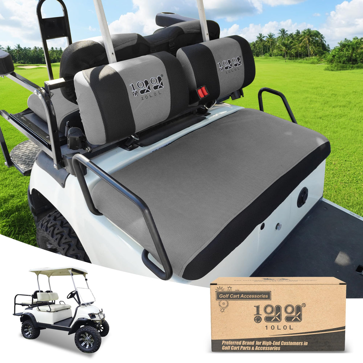 10L0L golf cart front seat cover with breathable 3D mesh improves cooling.