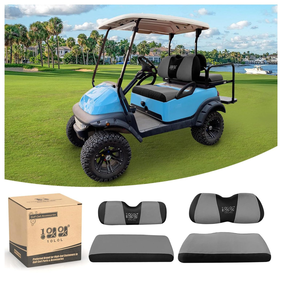 10L0L golf cart front seat cover protects Club Car DS interior and improves look.