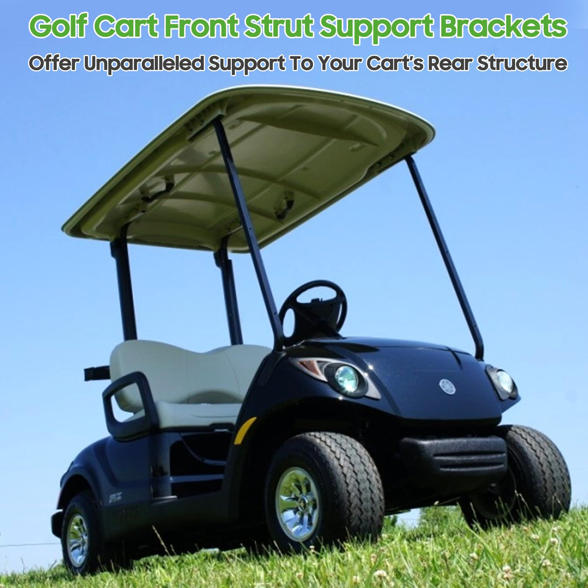 10L0L golf cart front strut installation simplifies upgrade with easy screw setup.
