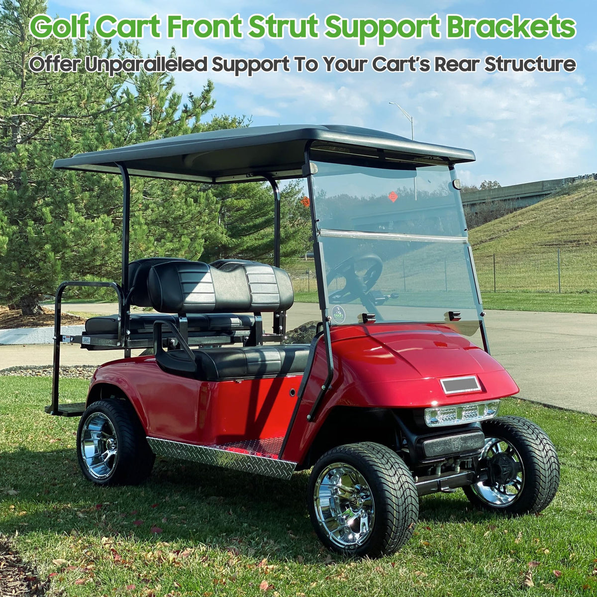 10L0L golf cart front support assembly keeps roof aligned for smoother rides.