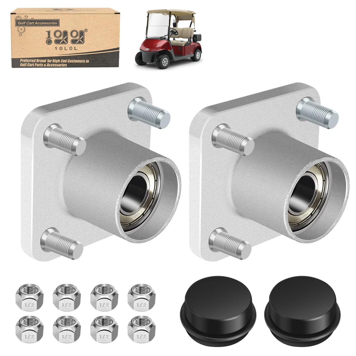 10L0L golf cart front wheel hub assembly in angled view showcasing durable aluminum hub for stable steering.