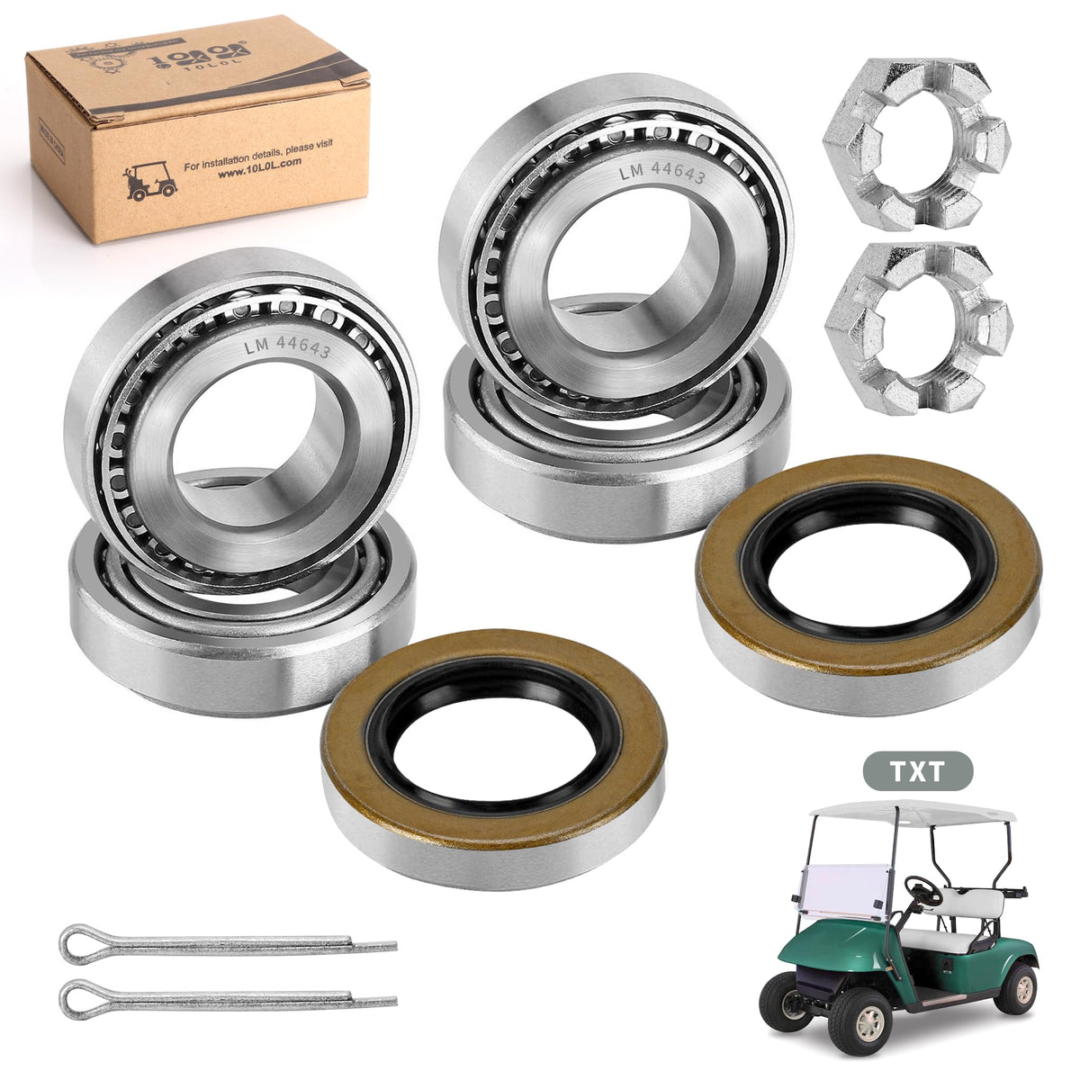 10L0L golf cart front wheel hub bearing kit package improves EZGO reliability.