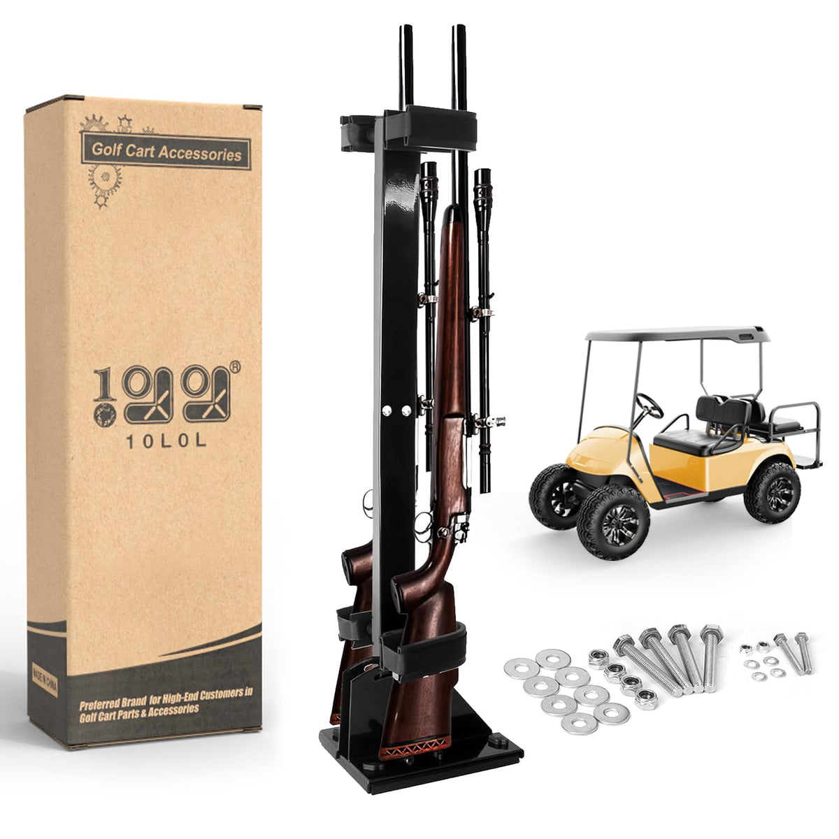 10L0L golf cart gun rack stand up design secures two guns securely
