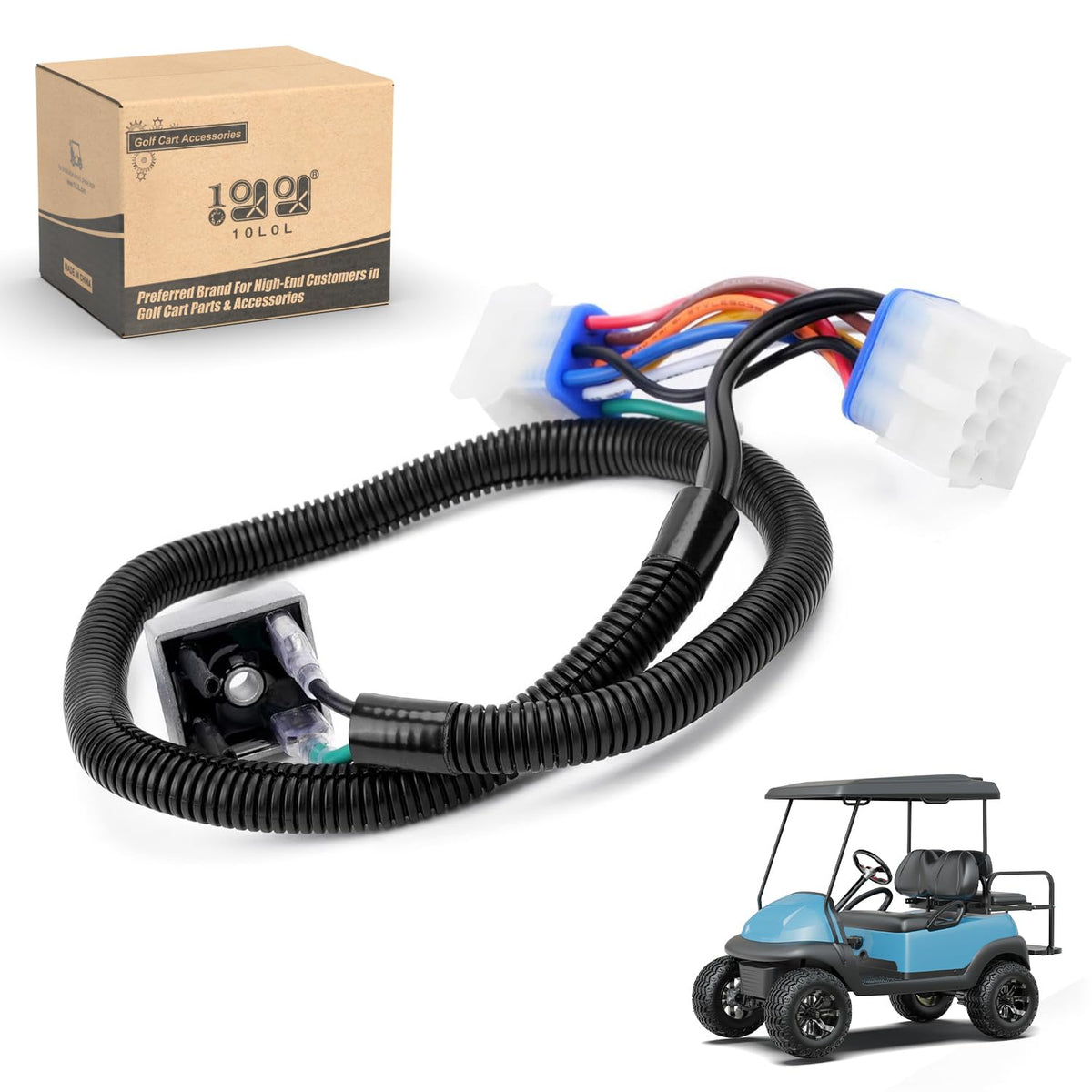 10L0L golf cart harness adapter front view shows compact 9-to-12 pin converter for easy wiring