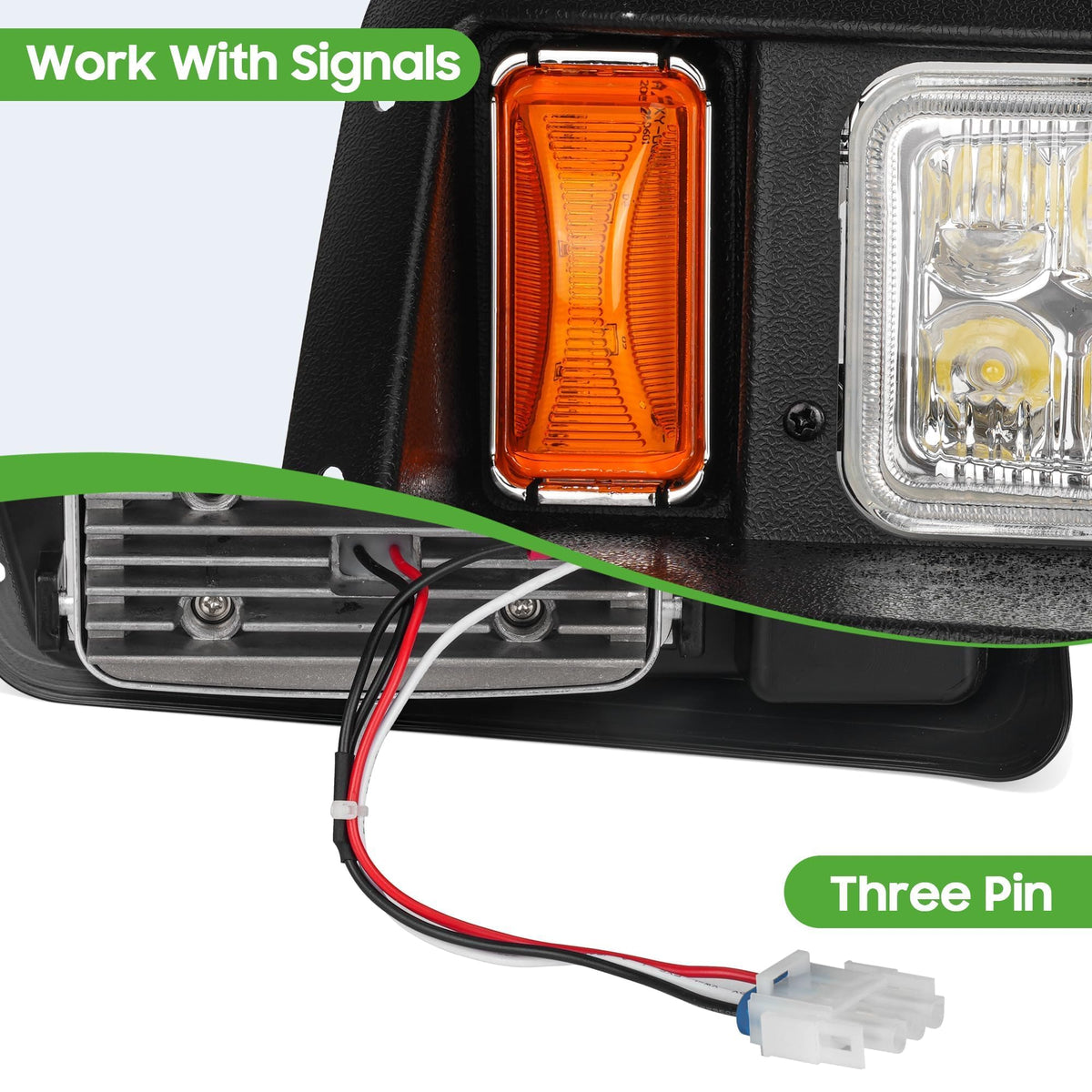 10L0L golf cart headlight kit close-up showing 12V LEDs and energy efficiency.