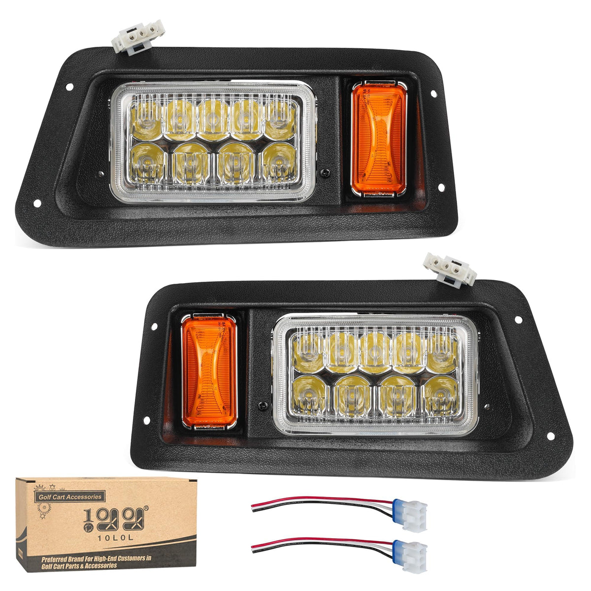 10L0L golf cart headlight kit on Yamaha G14 front driver with bright 12V LEDs for clear visibility.